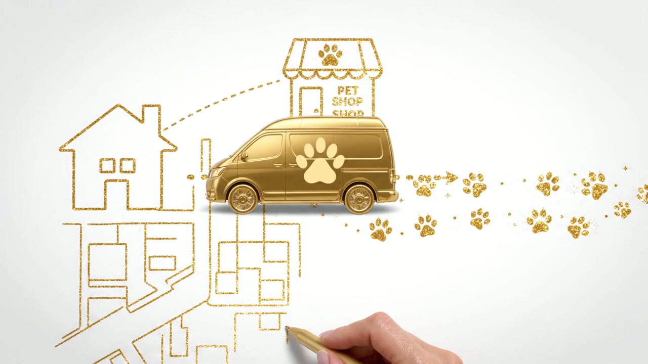 Mapa dourado com a van Pet Show levando o pet ao petshop